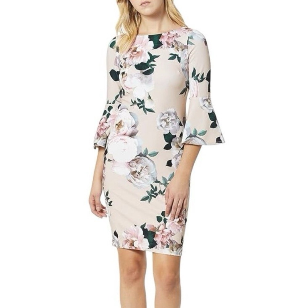 Calvin Klein Pink Floral Bell Sleeve Stretch Crepe Sheath Dress Size 6‎ - Picture 3 of 15
